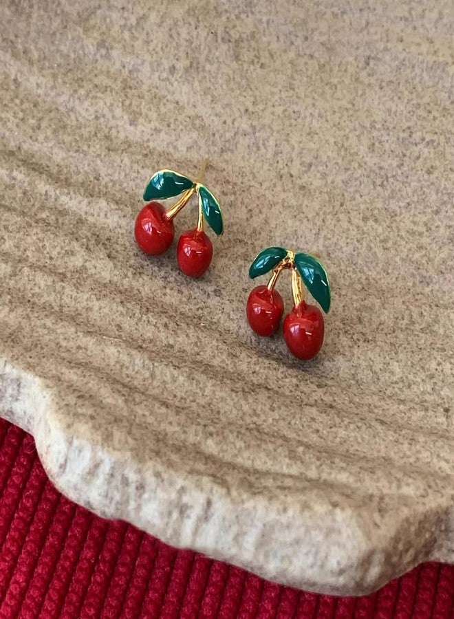 Thalireth Cherry Earrings Cute Dainty Tiny Fruit Stud Earrings For Women - Image 3